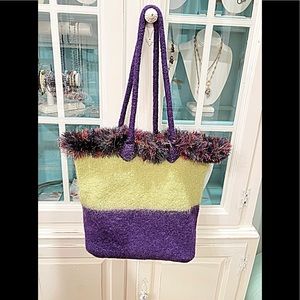 Felted Wool Lime/Purple Fringed Tote Bag, Shoulder Handle, Knit Back, Book Bag